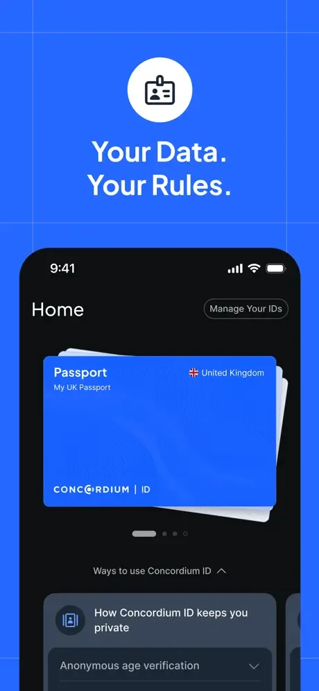 The app’s home screen under the promise “Your Data. Your Rules.” — a UK passport credential held as a card, with anonymous age verification among the ways to use it