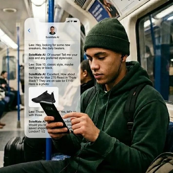 A commuter on the tube chatting with a shopping agent, “SoleMate AI”, that is recommending sneakers on his phone