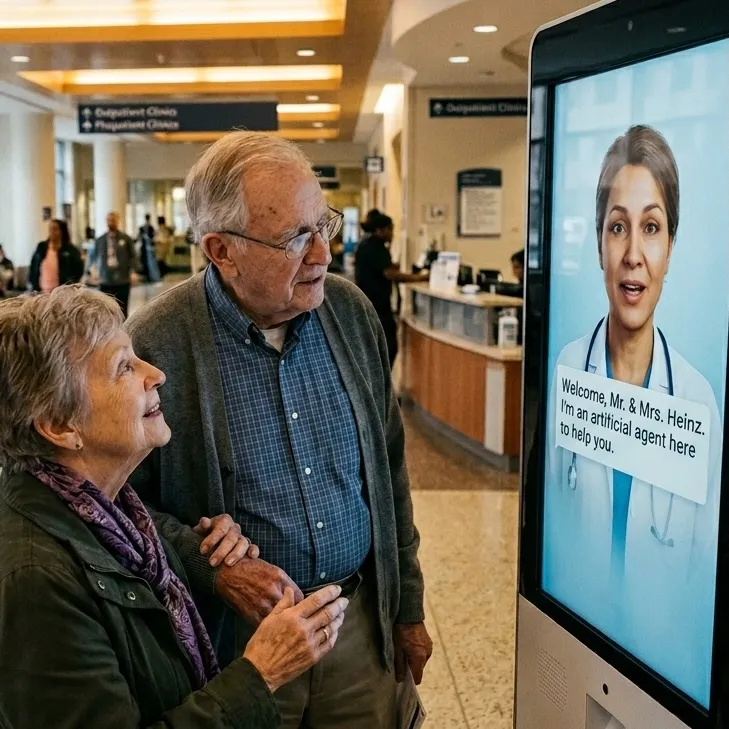 An elderly couple at a hospital kiosk being greeted by an on-screen artificial agent posing as a doctor