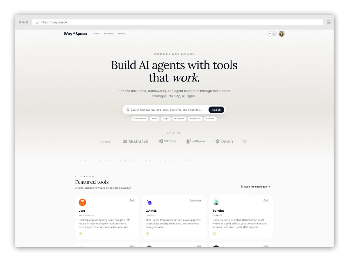 The way.space homepage — “Build AI agents with tools that work.” above the catalogue search bar and a grid of featured tools